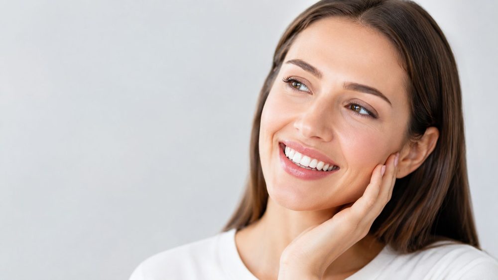 A woman smiling softly with a bright, natural result